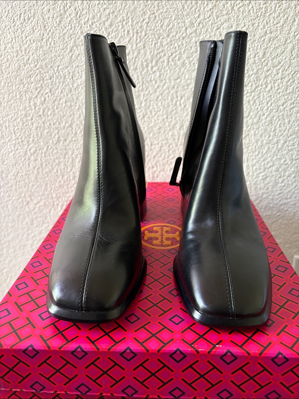Tory Burch Black Leather Square-Toe Ankle Boots